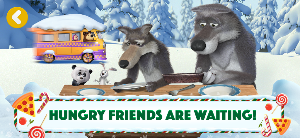 Masha and The Bear: Pizzeria! - Hungry forest animal characters waiting for pizza delivery in the Masha and the Bear game.