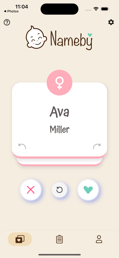 Baby Names by Nameby - Screenshot of the Baby Names by Nameby app showing the name Ava Miller on a swipeable card with like and dislike buttons.