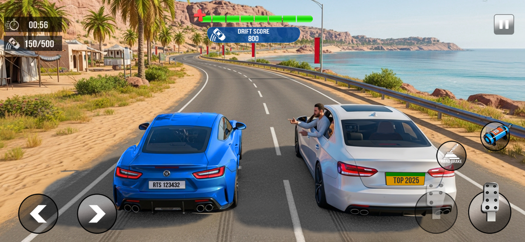 Extreme Car Drift Simulator 3D - Dois carros esportivos fazendo drift em uma estrada costeira ensolarada com vista para o oceano