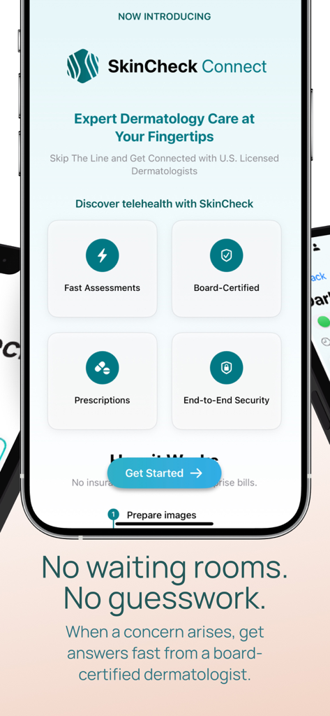 SkinCheck Connect app dashboard showing telehealth features like fast assessments and board certified dermatologist access