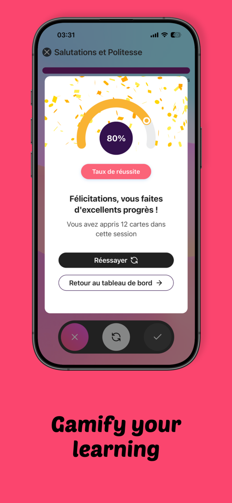 A progress screen from the Iori Flashcards app showing an eighty percent success rate with confetti.