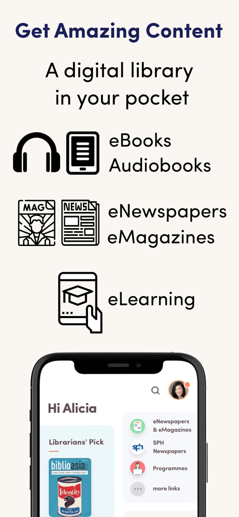 NLB Mobile app interface showing available digital library content like ebooks audiobooks and newspapers