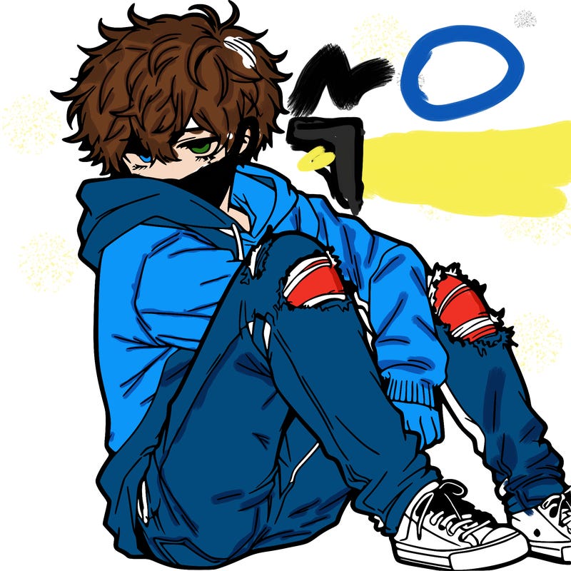 a male hoddie ripped jeans messy hair anime