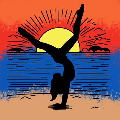 girl doing handstand infront of a sunset