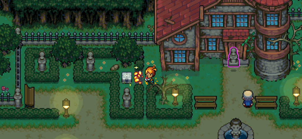A character explores a lush pixel art garden and building in the game Coromon