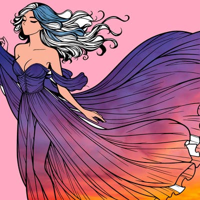 realistic woman in dress flowing the the wind