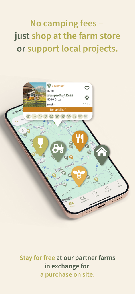 Smartphone screen showing a map with farm camping locations and the text No camping fees - just shop at the farm store.