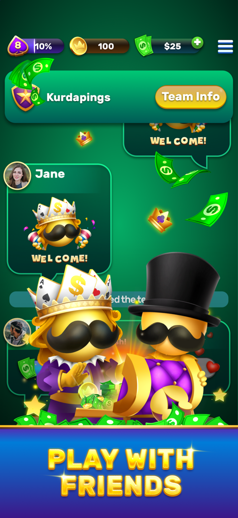 Solitaire Royale app screen showing team features and multiplayer social play