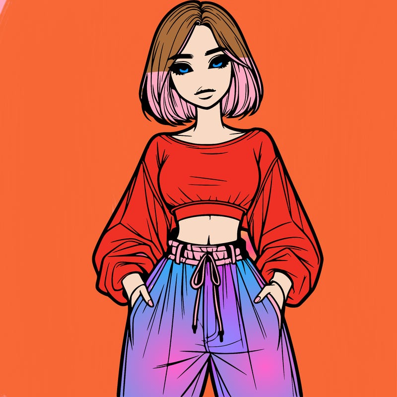 realistic girl with baggy pants and a crop top