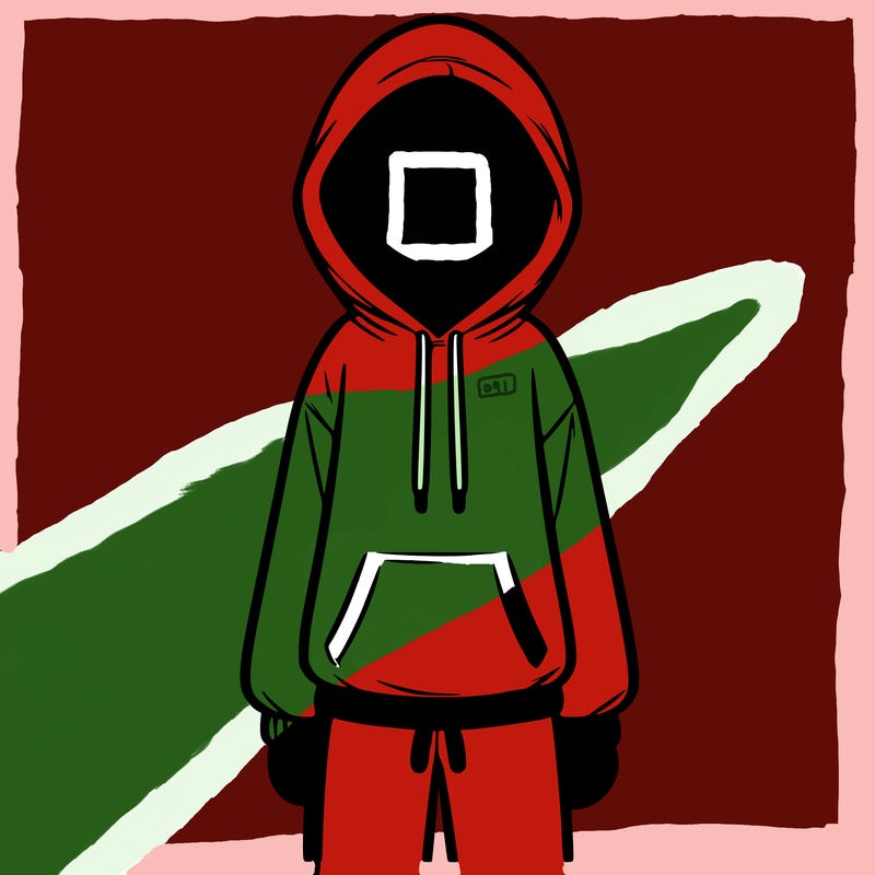 faceless girl in a tracksuit with a hood on and no hair