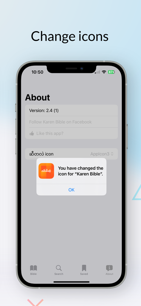Karen Holy Bible - Screenshot of the Karen Holy Bible app about screen showing a confirmation message for changing the app icon.
