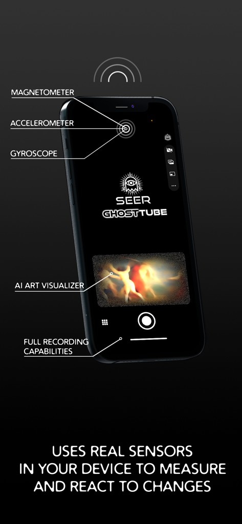 GhostTube SEER app interface showing device sensors and AI art visualizer for paranormal investigation