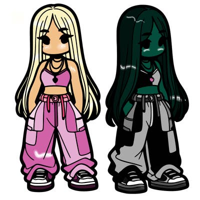 girl in baggy pants crop top and long hair