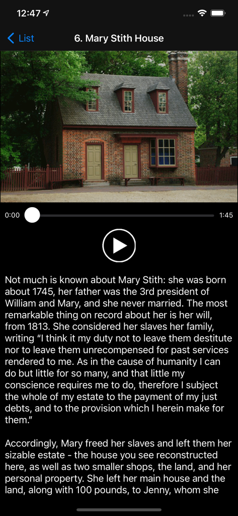 Colonial Williamsburg History - Audio tour interface showing a historical brick house and educational text about Mary Stith