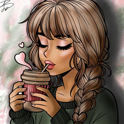 realistic girl drinking coffee