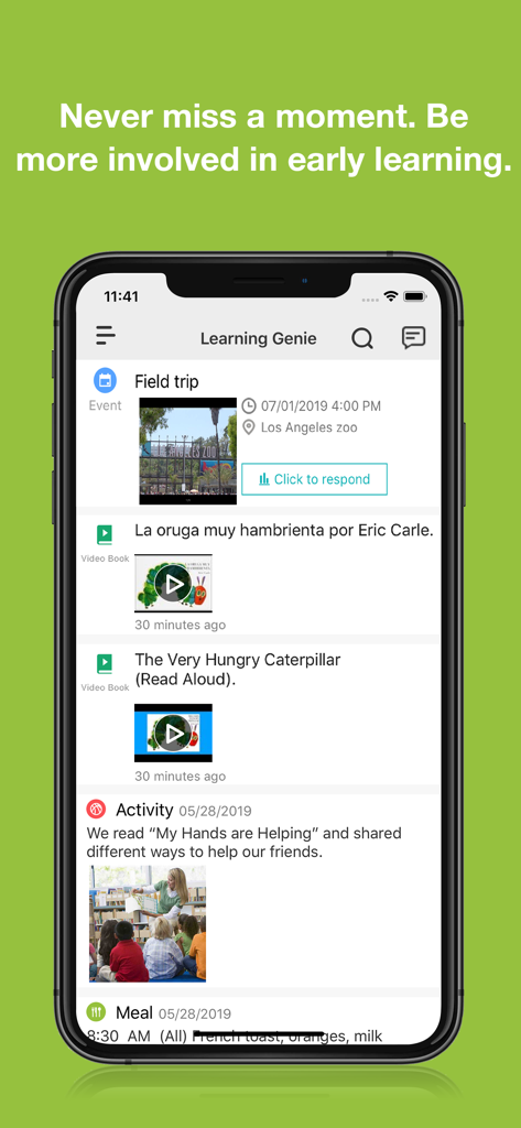 Learning Genie for Parents - Learning Genie for Parents app interface showing school activity updates, videobooks, and daily reports.