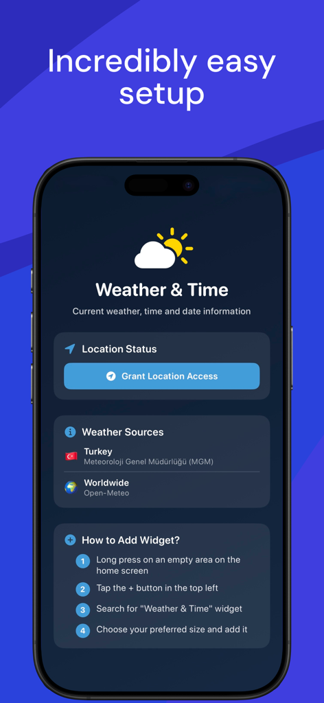 A screenshot of the Weather Time Widget setup screen on an iPhone showing location access and instructions for adding widgets.