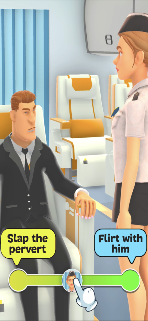 Hyper Hostess - Hyper Hostess game screen showing a flight attendant facing a male passenger with choices to slap or flirt