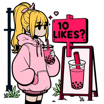 girl with oversized hoodie drinking boba and she has a high ponytail with a sign that says 10likes?
