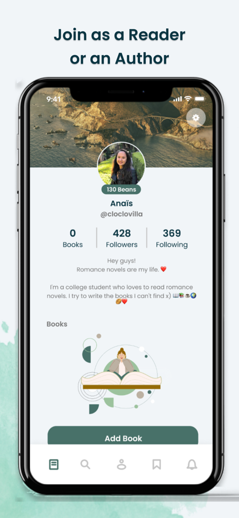 WeInk - User profile interface on the WeInk app showing an aspiring romance author bio and follower counts