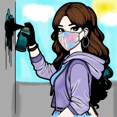 realistic girl with mask spray painting a wall