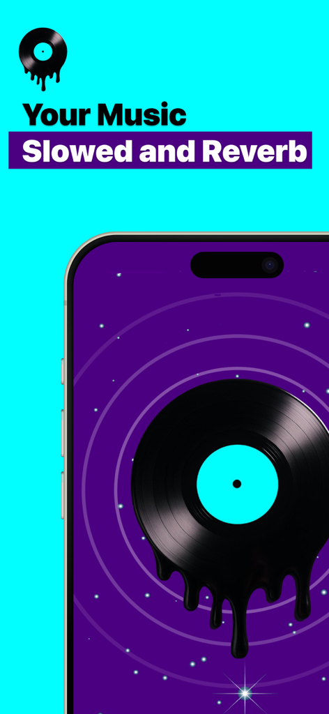 Slowed and Reverb Player | SR - Slowed and Reverb Player app interface featuring a melting vinyl record on an aesthetic purple background