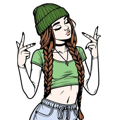 realistic teenage girl with braids and a beanie and crop top doing 🫶🏼