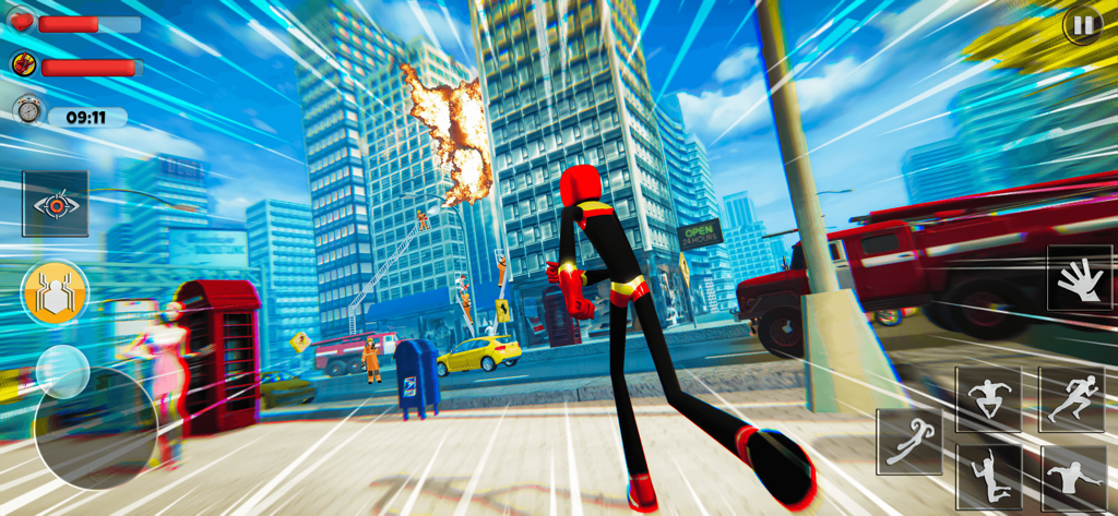 Stickman Spider Rope Hero 3D - Stickman spider hero character running through a 3D city with explosions and vehicles