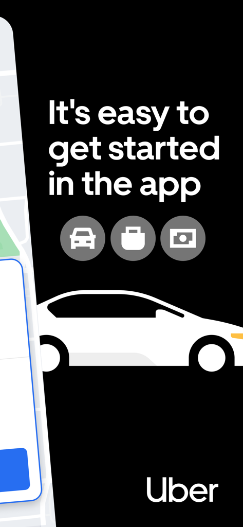 Uber Driver app promotional screen stating it is easy to get started with icons for driving and delivery