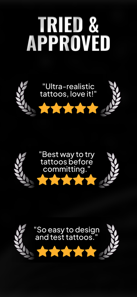 Tattoo Design Creator App - タトゥーデザインクリエイターアプリの3つの5つ星ユーザーレビュー。デザインのリアリズムとバーチャル試着機能に関する肯定的な証言が表示されています。