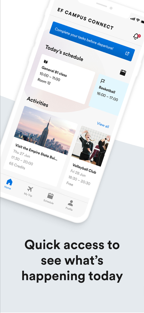 EF Campus Connect - Interface of the EF Campus Connect app displaying a student schedule and daily activities