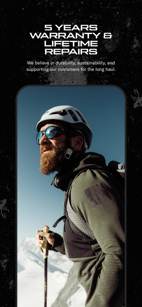 ThruDark - A mountaineer in technical outdoor apparel with text describing ThruDark's 5-year warranty and lifetime repairs policy.