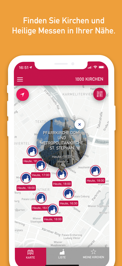 Map view of the 1000 Kirchen app showing church locations and mass times in Vienna