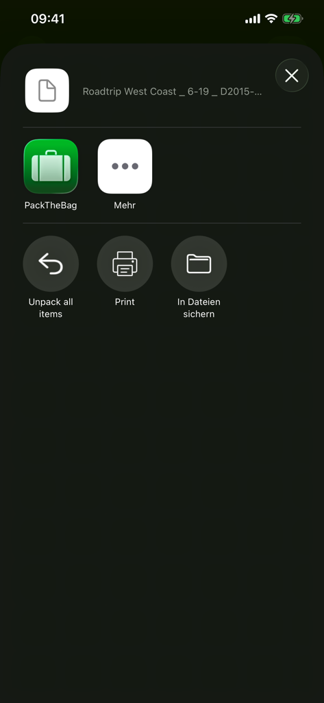 Pack The Bag - Sharing and export menu in the Pack The Bag app showing options to print or save a road trip packing list