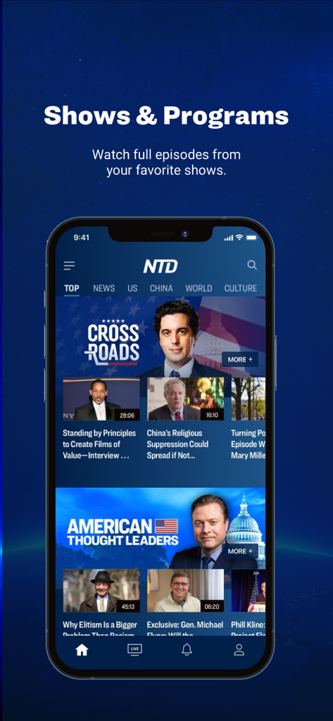 NTD: Live TV & Breaking News - NTD news app interface showing video programs Crossroads and American Thought Leaders