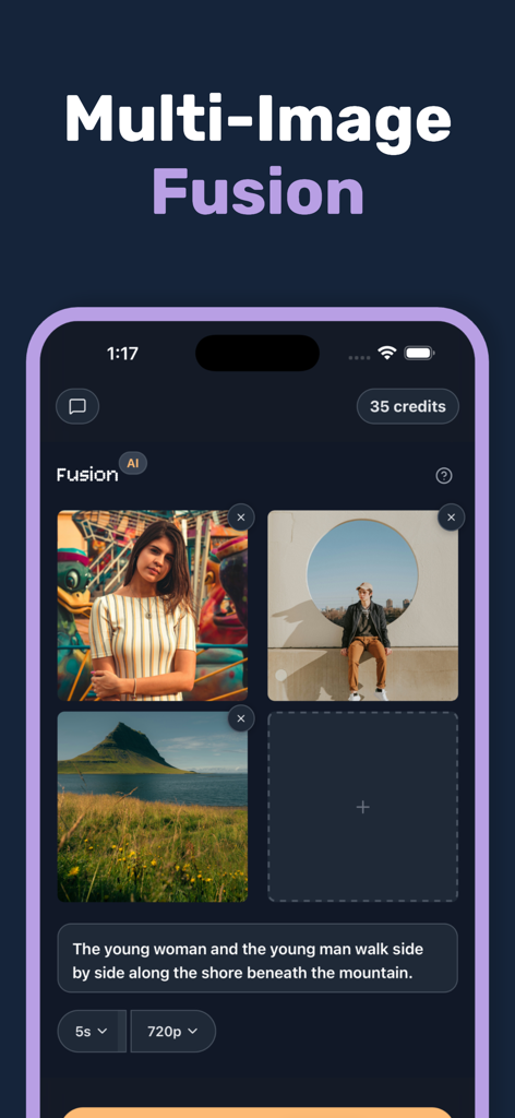 Photo to Video: AI Video Maker - Interfaz de la aplicación creadora de videos IA que muestra la función de Fusión de Múltiples Imágenes con cargas de fotos y una indicación de texto para la generación de video.