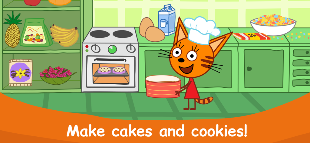 Kid-E-Cats Cooking at Kitchen! - A Kid-E-Cats character in a chef hat preparing cookies in a kitchen