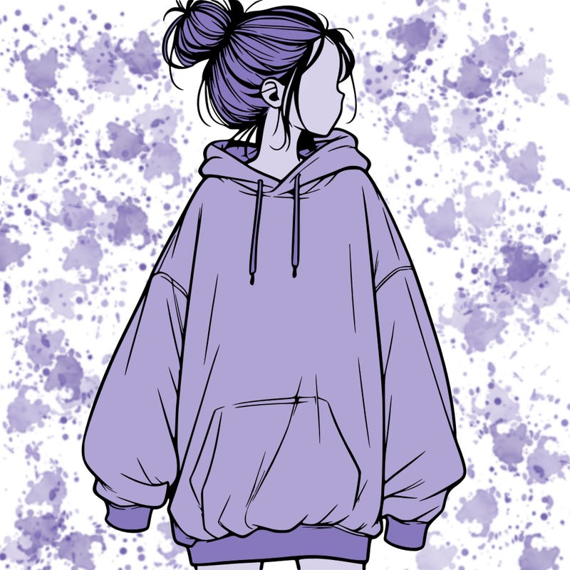 realistic girl with a oversized sweatshirt on and a bun