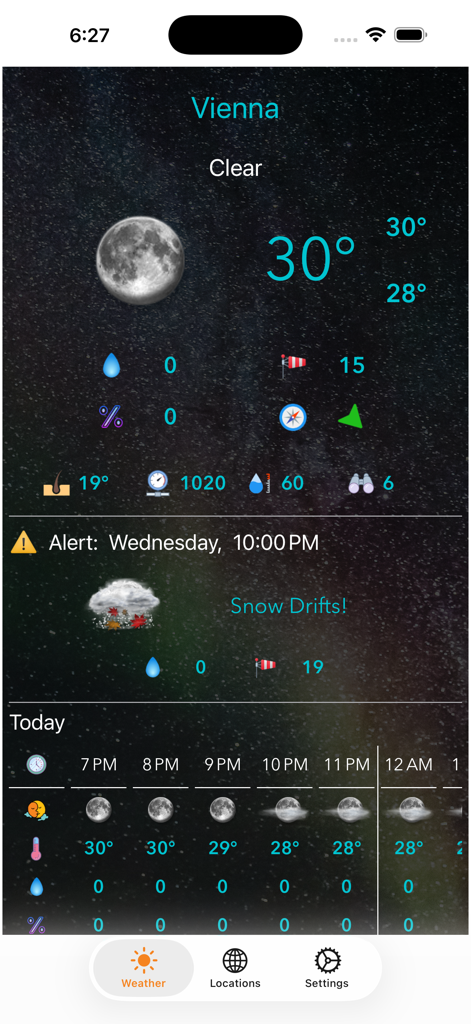 La interfaz de la aplicación Planet Weather que muestra el clima en Viena con una fase lunar de fondo estrellado y datos por hora.