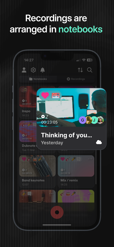 Dubnote: Where Songs Start - Interfaccia dell'app Dubnote che mostra registrazioni musicali organizzate in quaderni e cartelle visive.