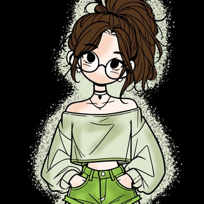 girl with a messy ponytail glasses a baggy crop top and jean shorts