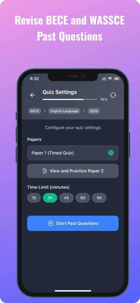 EduMate GH – GES AI Study App - A mobile interface for EduMate GH showing quiz settings for BECE and WASSCE past questions including time limits and paper selection