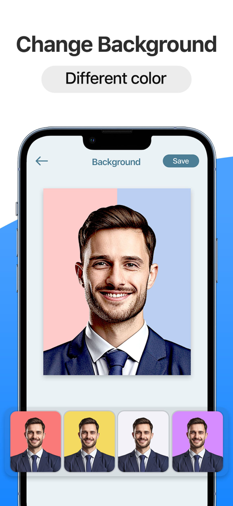Passport Size Photo Maker App - A mobile screen showing the background color change feature for a passport photo with multiple color options
