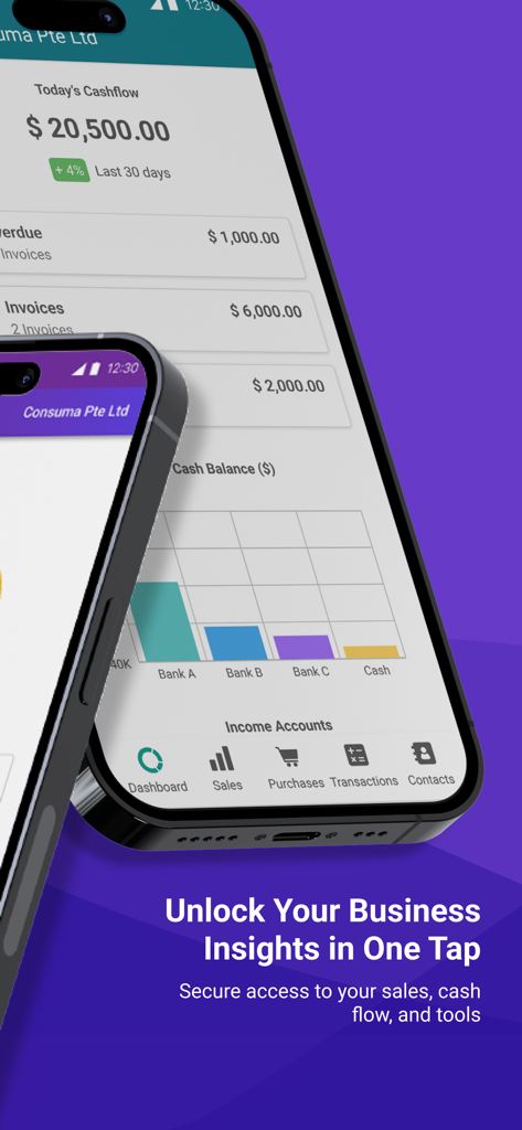 ABSS / Financio CONNECT - ABSS Financio CONNECT mobile app interface showing business cash flow dashboard and financial charts