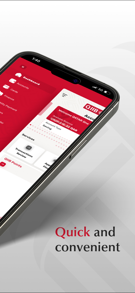 QIIB Mobile - QIIB Mobile banking app dashboard displaying account services and transaction review on a smartphone