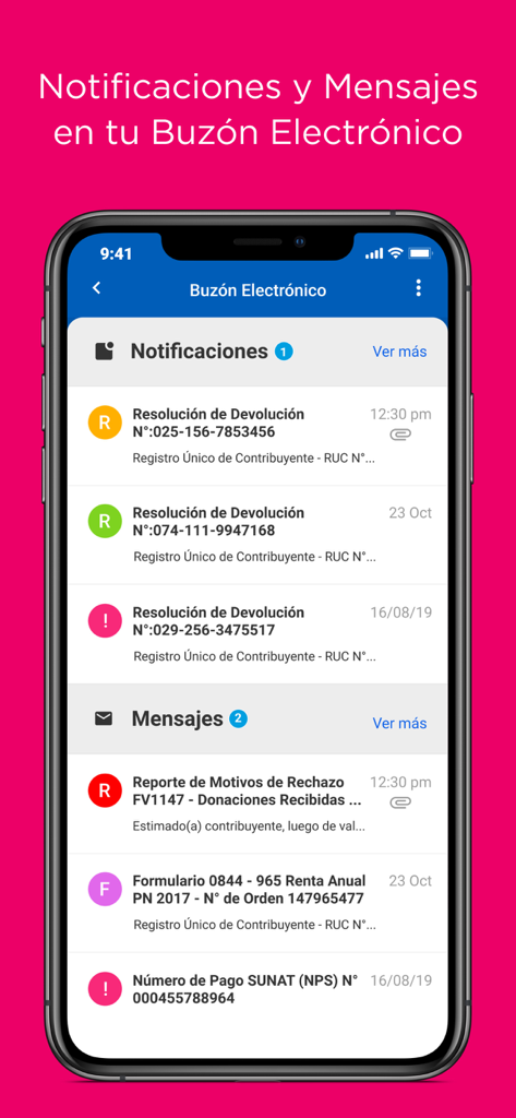 Emprender SUNAT - Pantalla de la aplicación Emprender SUNAT mostrando notificaciones fiscales y mensajes del buzón electrónico