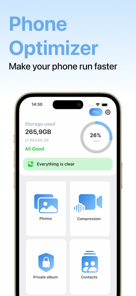 Phone cleaner - Simple clean - Pantalla de smartphone que muestra el panel de la aplicación Phone Cleaner con estadísticas de almacenamiento y funciones de optimización.