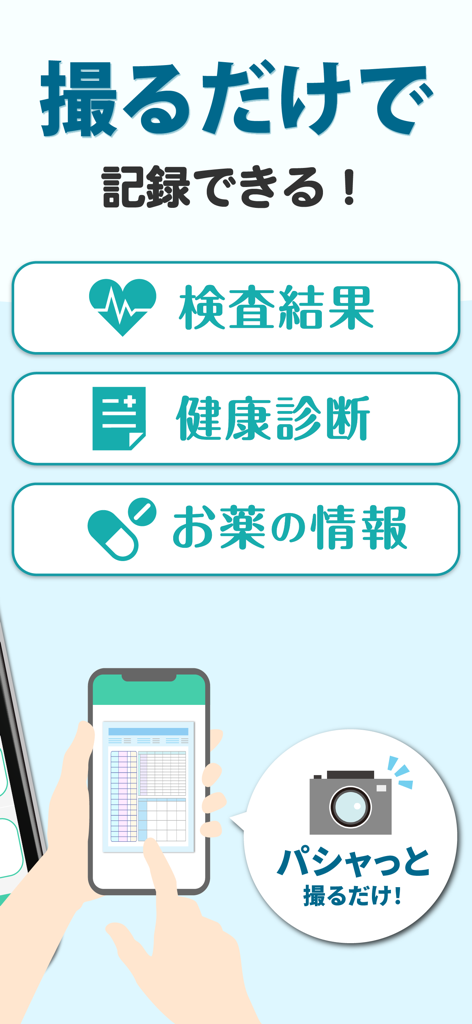 パシャっとカルテ-健康の記録-かんたんに病院の書類を整理 - スマートフォンで写真を撮って、医療検査結果や薬の情報をデジタル化する方法を示すアプリのインターフェース。