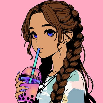 realistic girl with braided hair drinking boba