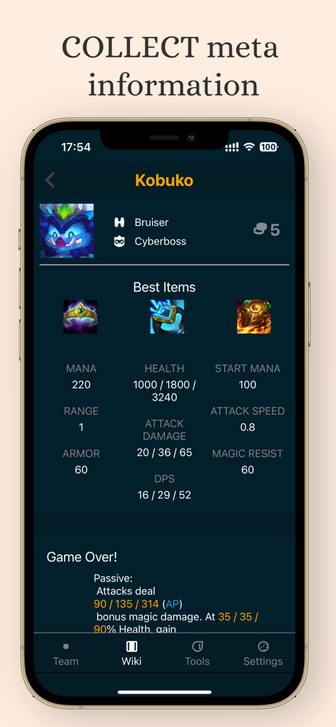 Pantalla wiki de la aplicación Team TFT mostrando estadísticas detalladas y objetos recomendados para un campeón.